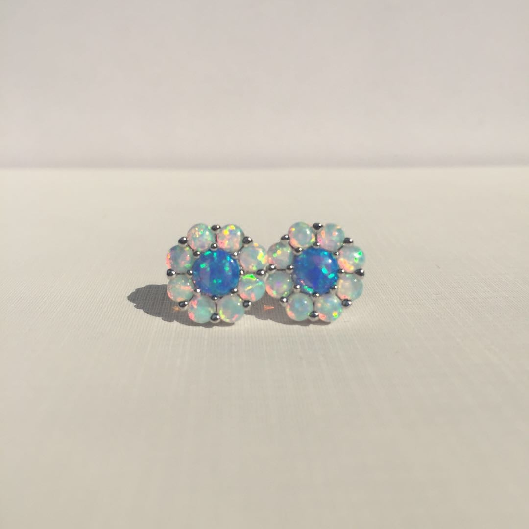 S925 Sterling Silver Opal Flower Earrings Midnightt Light