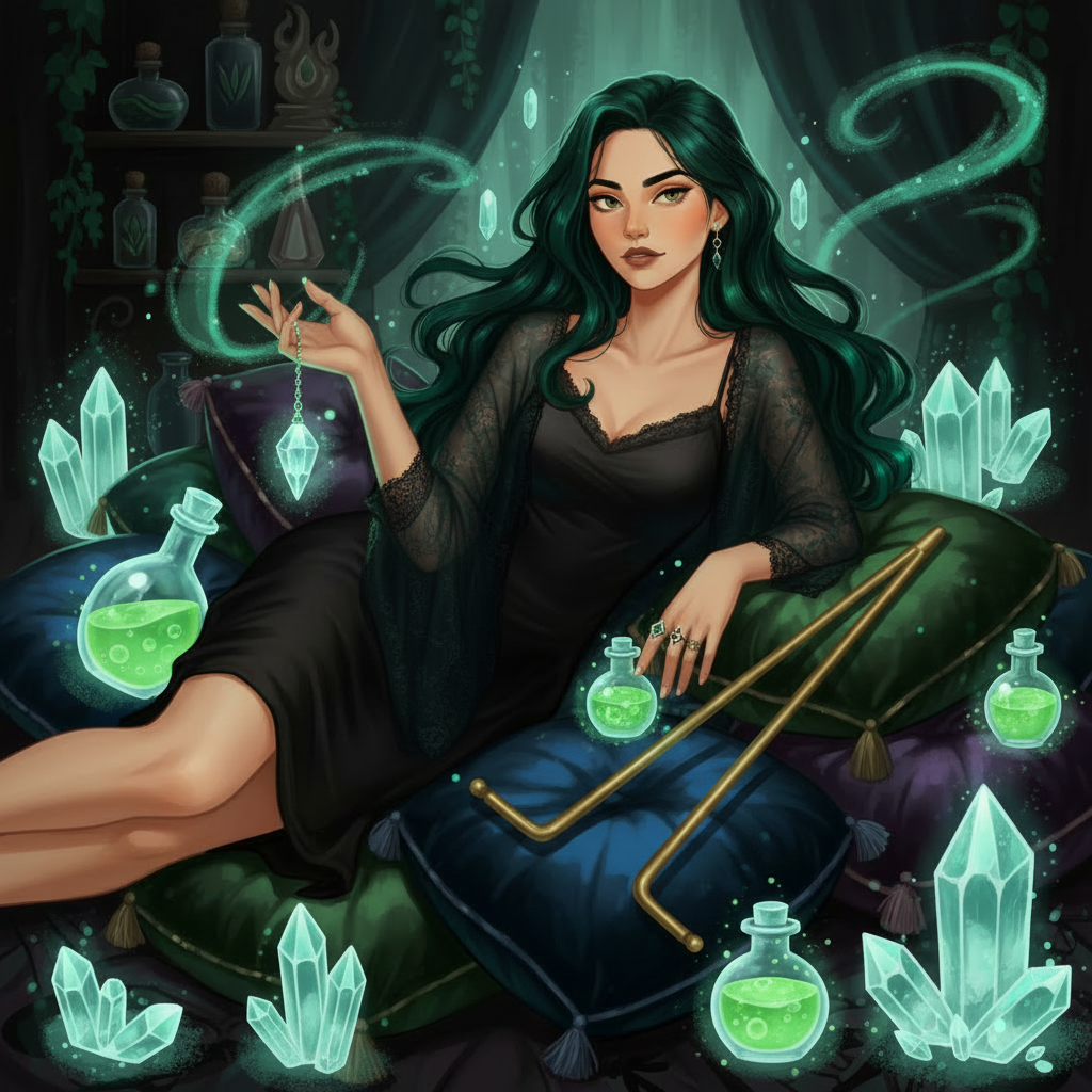 Mystical woman with pendulum and dowsing rods