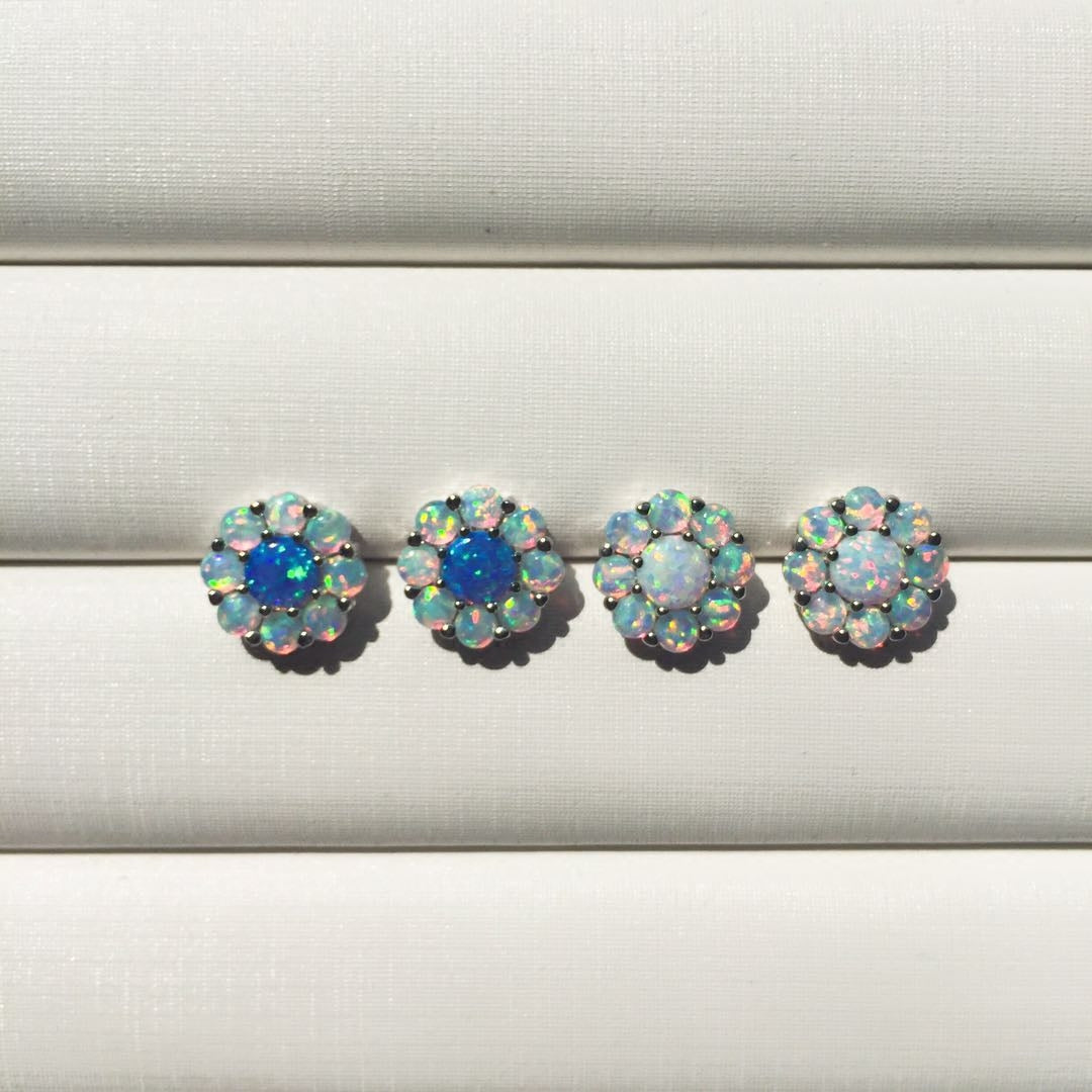 S925 Sterling Silver Opal Flower Earrings Midnightt Light