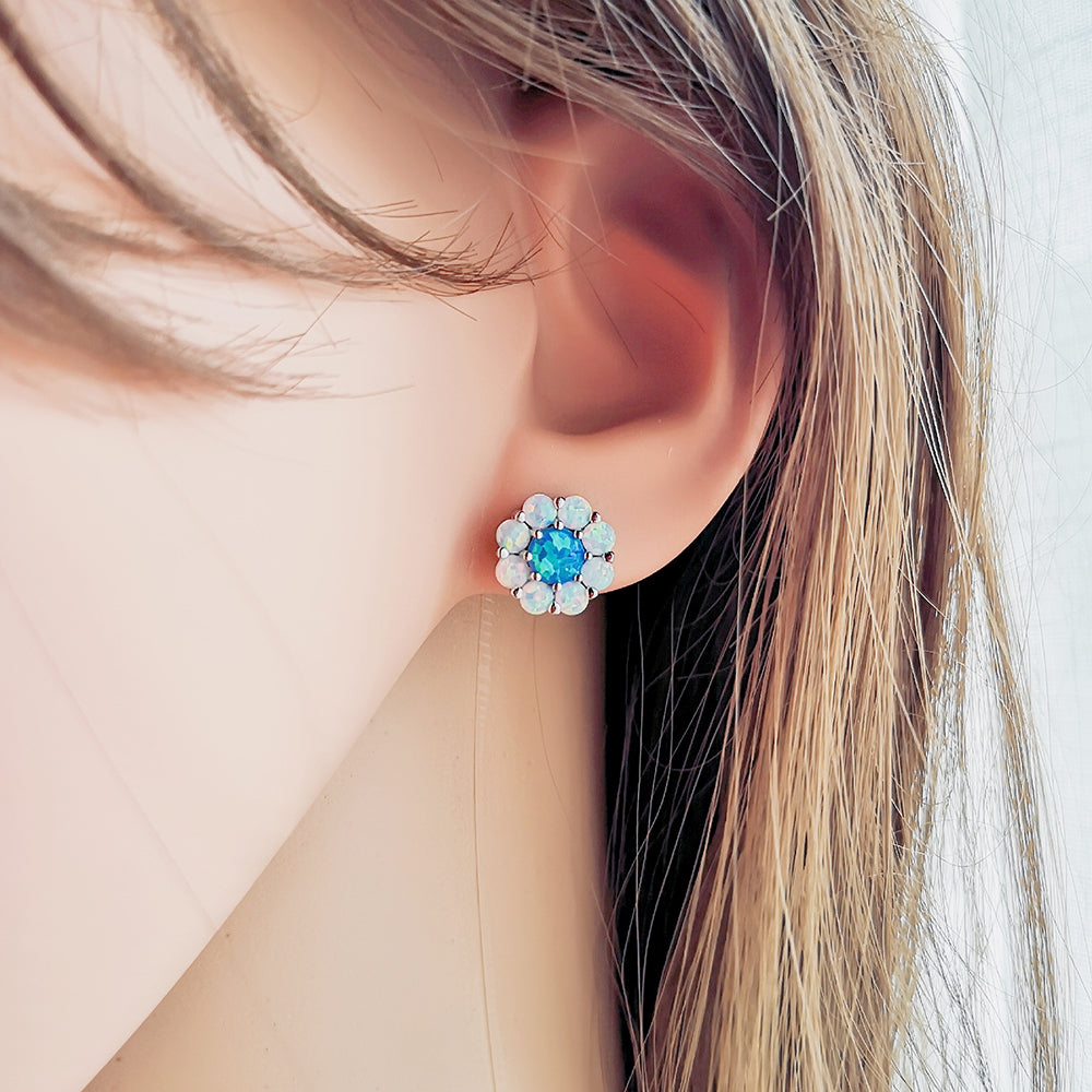S925 Sterling Silver Opal Flower Earrings Midnightt Light