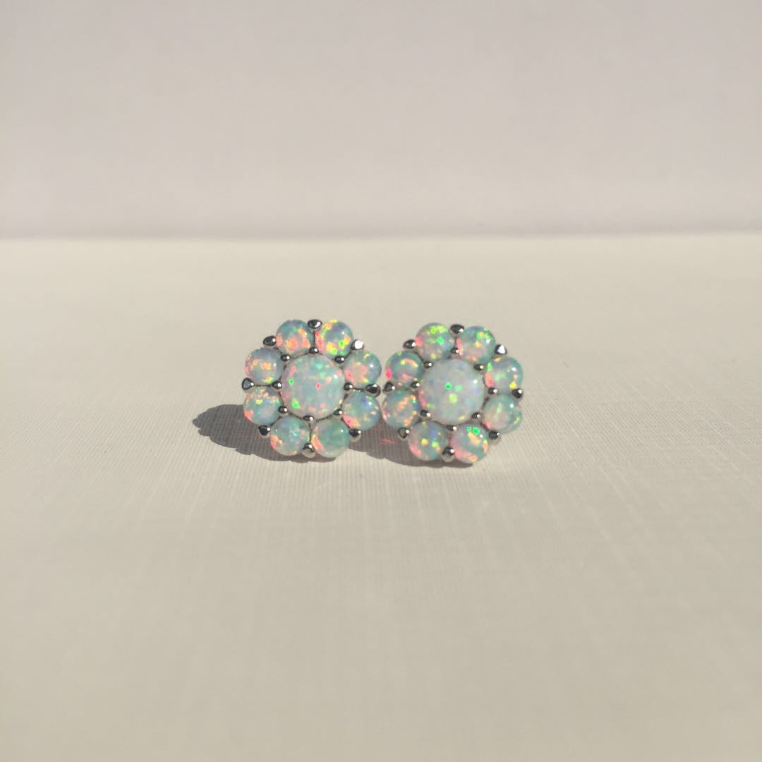S925 Sterling Silver Opal Flower Earrings Midnightt Light