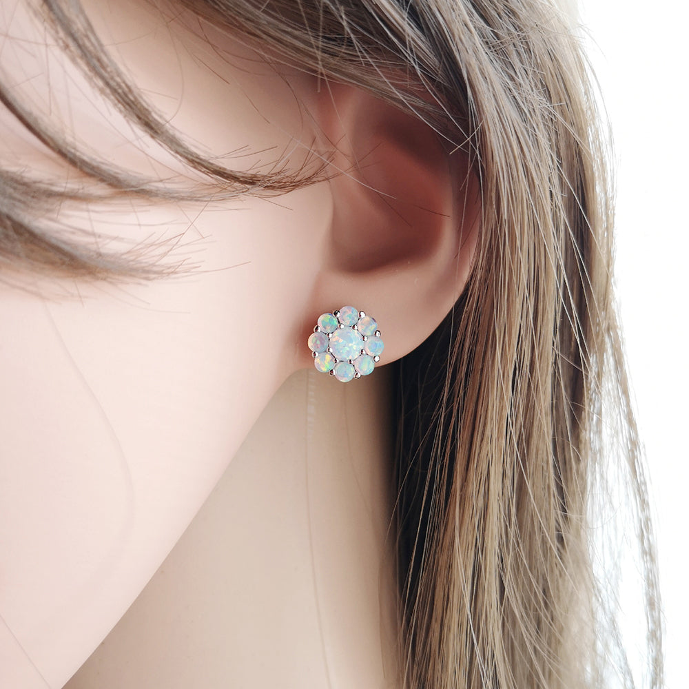 S925 Sterling Silver Opal Flower Earrings Midnightt Light