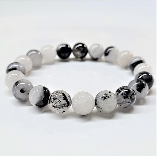 Tourmaline in Quartz Round Bead Bracelet - Grounded Purification Sacred Crystals