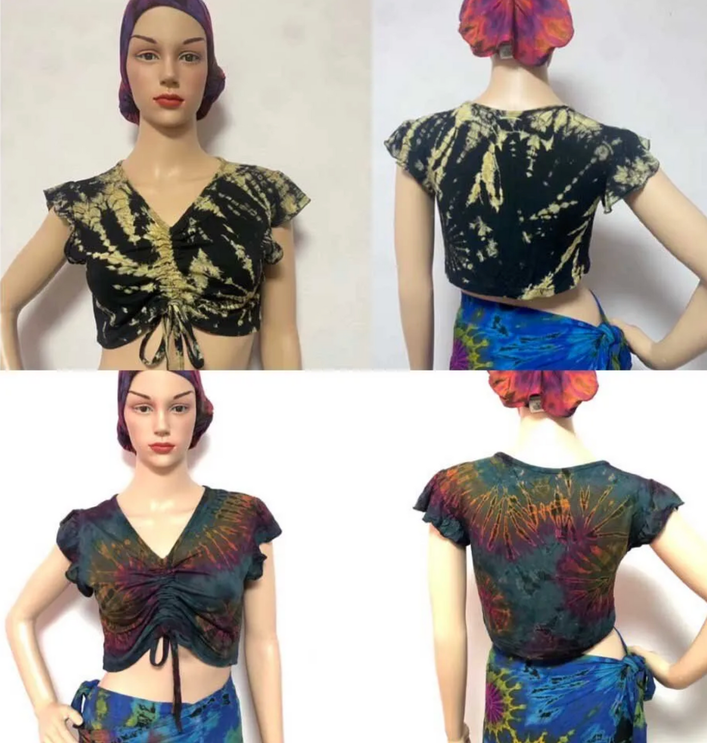 Tie-Dye Ruched Spandex Crop Top | Boho Festival V-Neck Tee Sacred Crystals