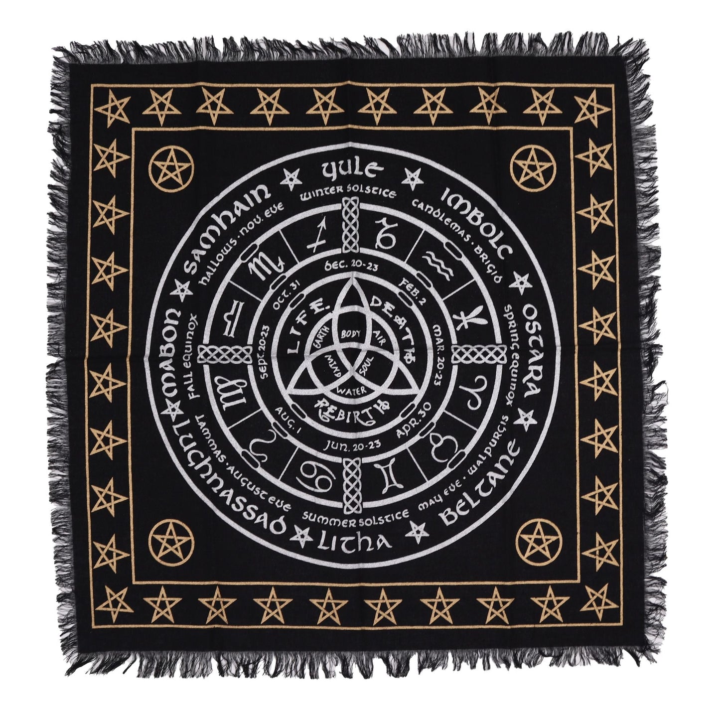 Esoteric Fringed Altar Cloth -  Life Death Rebirth Midnightt Light