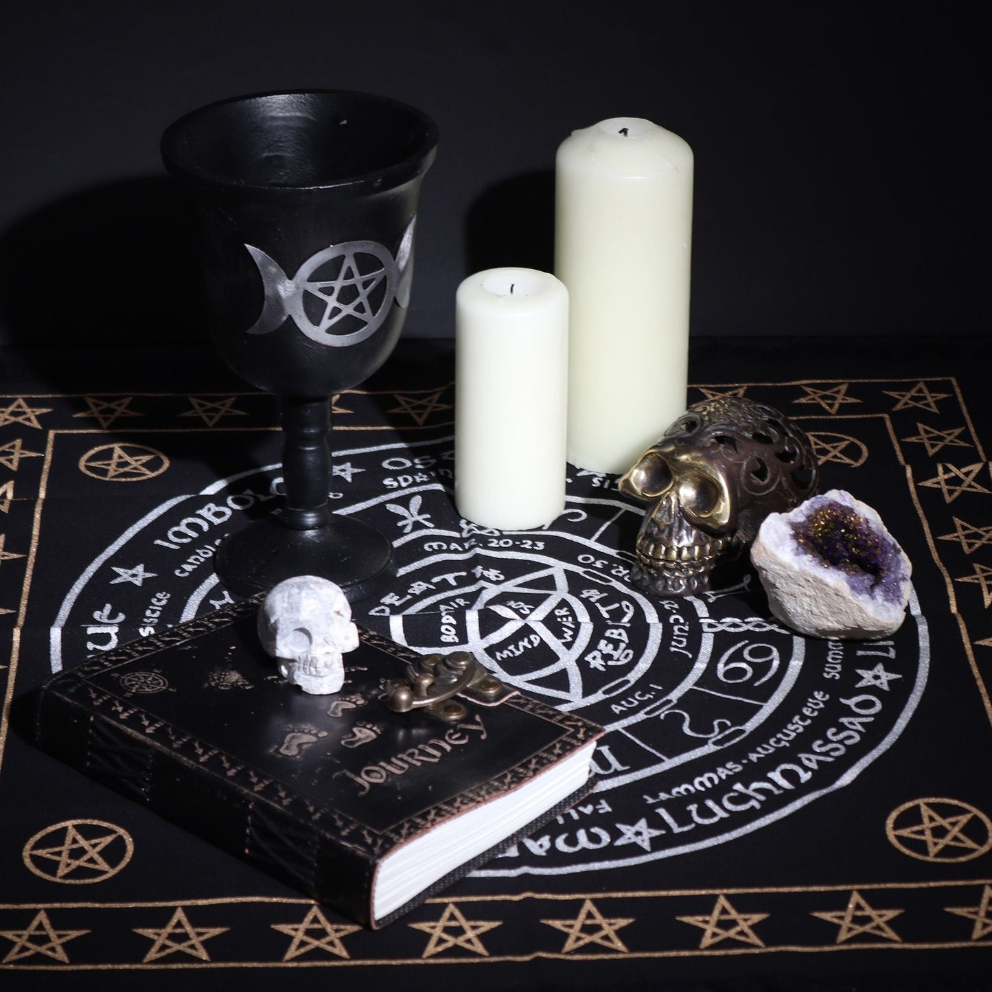 Esoteric Fringed Altar Cloth -  Life Death Rebirth Midnightt Light