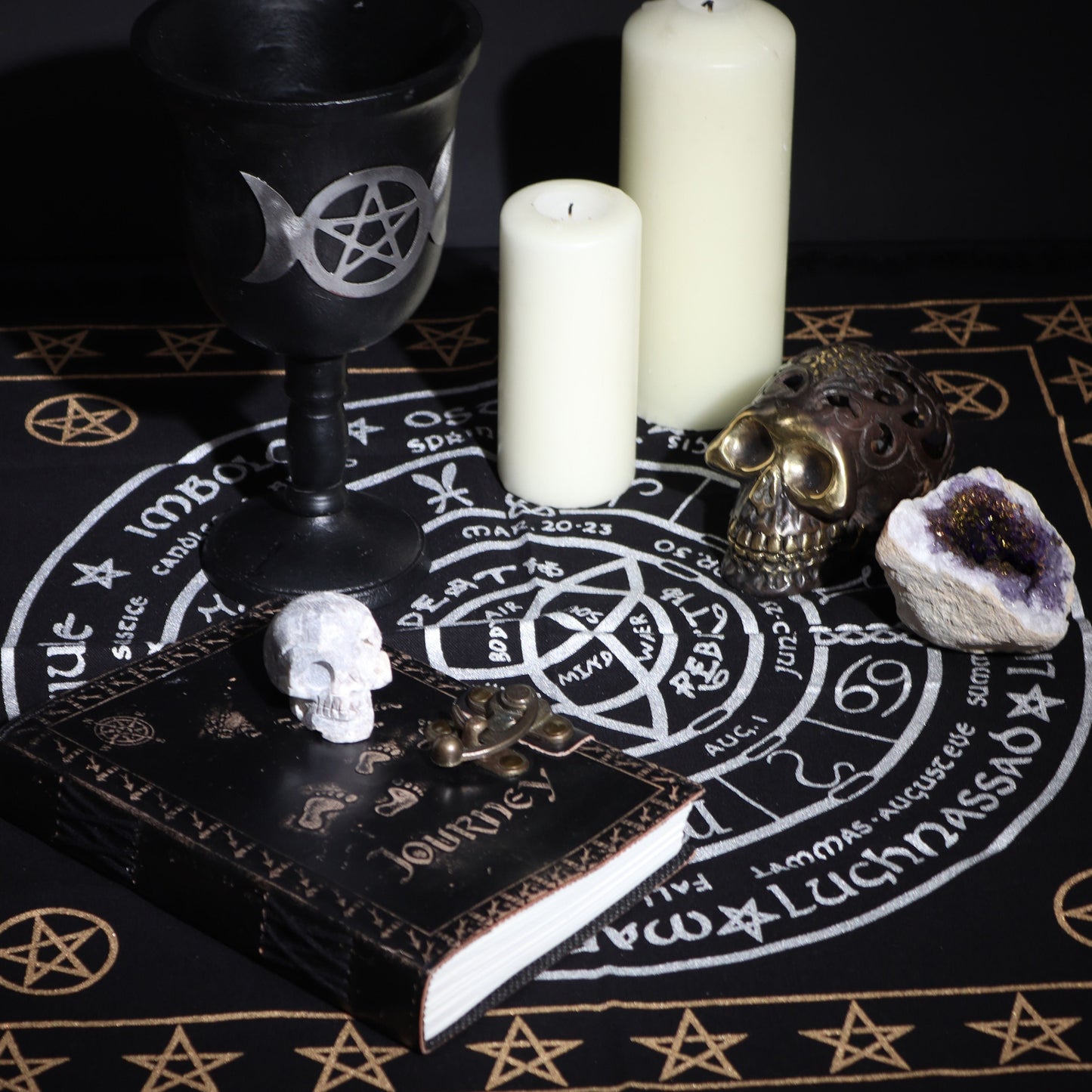 Esoteric Fringed Altar Cloth -  Life Death Rebirth Midnightt Light