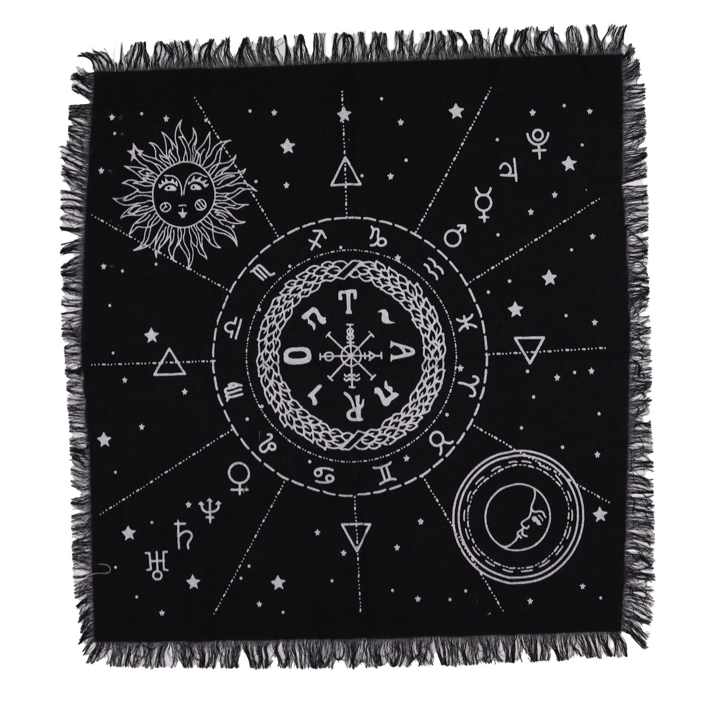 Esoteric Fringed Altar Cloth -  Moon & Sun Chart Midnightt Light