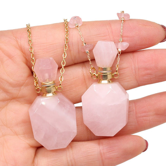 Natural Pink Jade Perfume Bottle Carved Crystal Necklace Gift Midnightt Light
